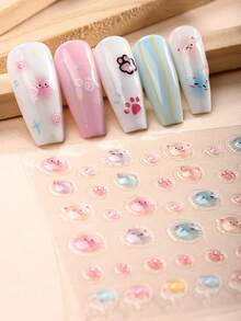 1pc 3D Spring/Summer Macaron Cat Flower Nail Stickers, Sweet Cute Nail Decals, Easy To Use, Suitable For Women's Home DIY Manicures. - Multicolor - View 2