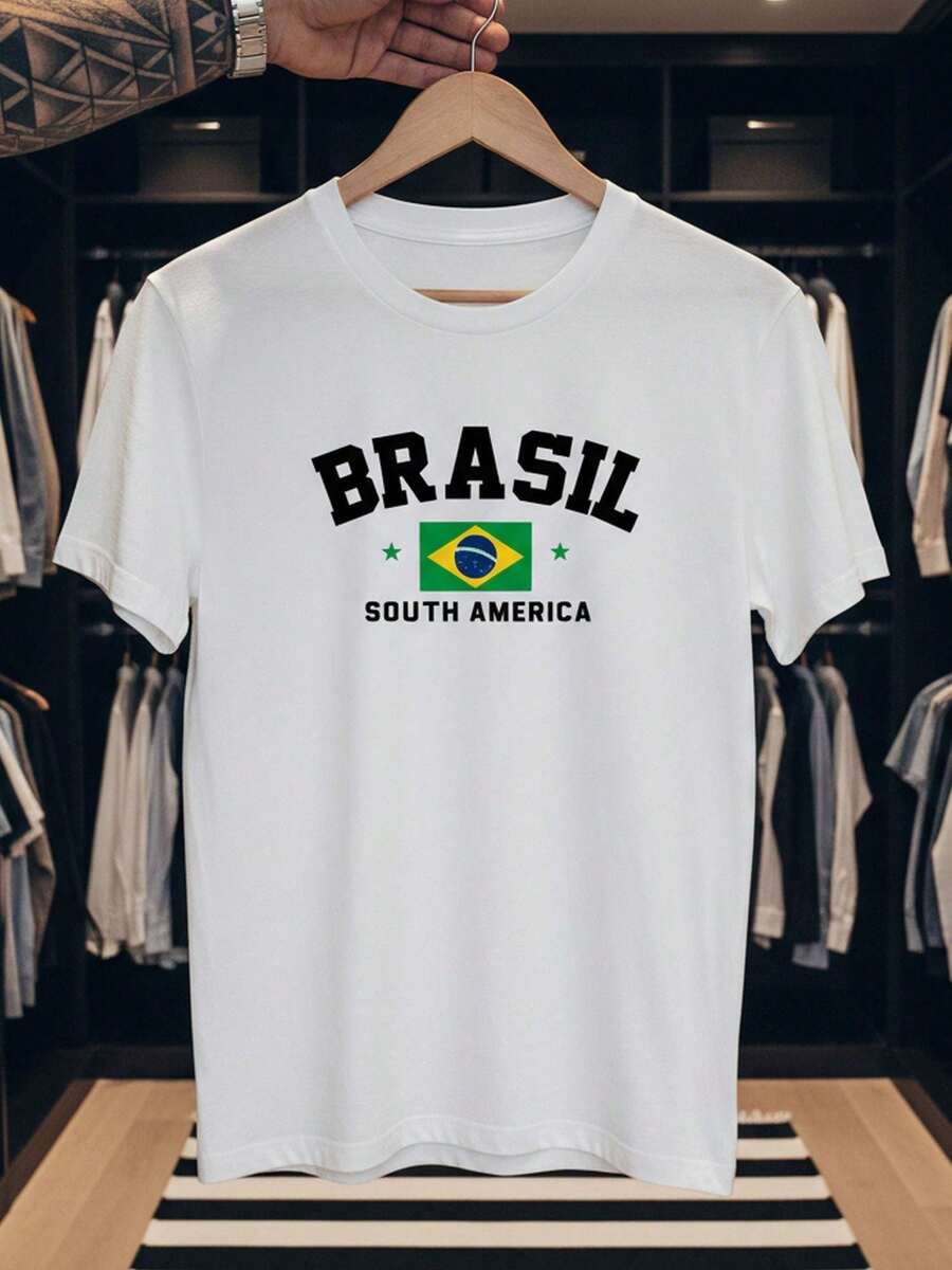 Stylish Sports T-Shirt For Fans Of The World Cup, National Football Team, Brazil, South America, Short Sleeve, Men's/Women's, 100% Cotton, Casual, Crew Neck - 白色 - 查看 1