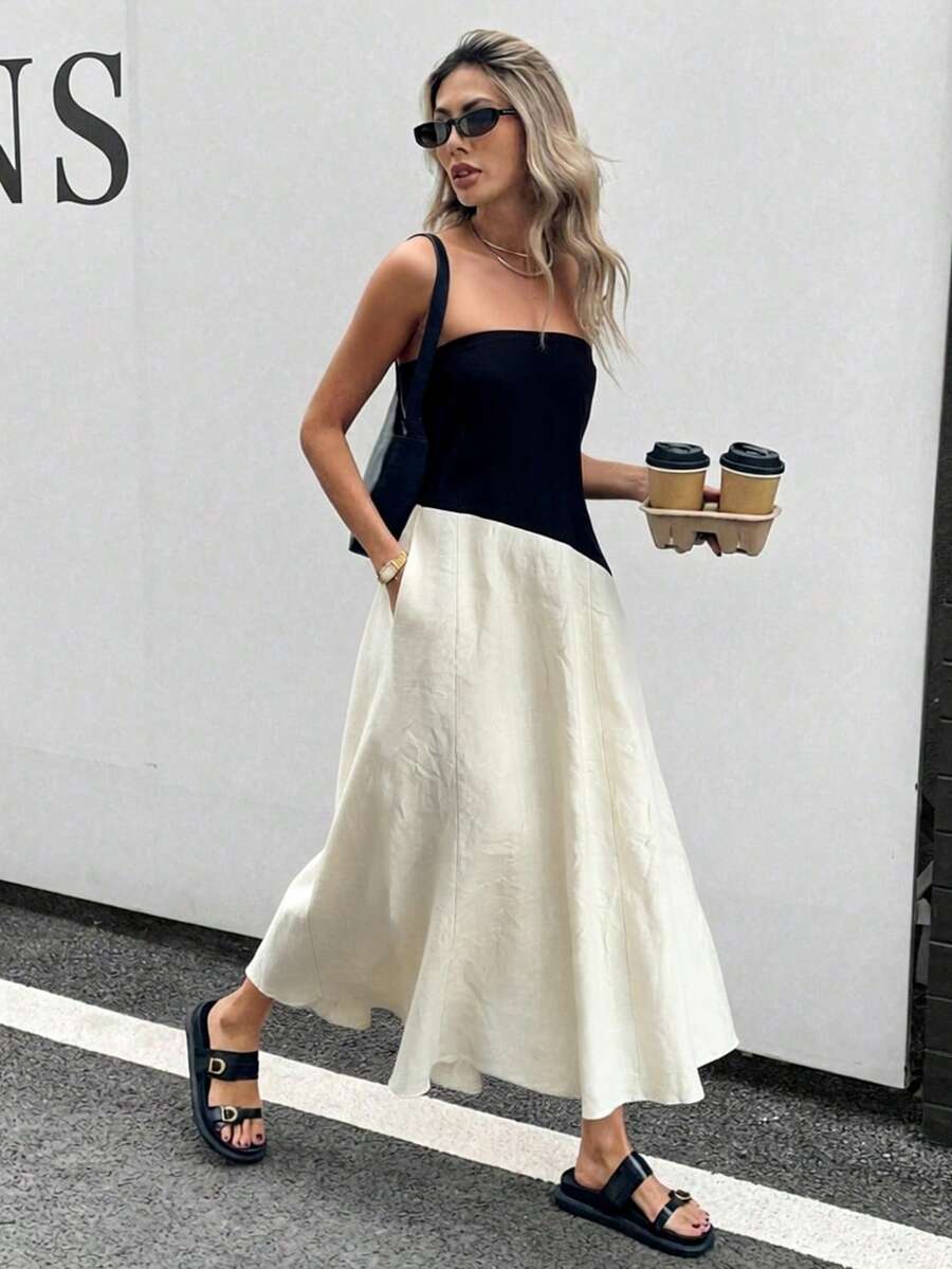 Women's Elegant Casual Patchwork Maxi Dress - Strapless, Backless Design, Elastic Ruched Back, Color Blocking, Flared A-Line, Loose Fit Party Summer - Multicolor - View 1