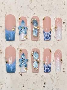 10pcs Handmade Long Pointed French Manicure Nail Stickers Press On Nails - Blue - View 6