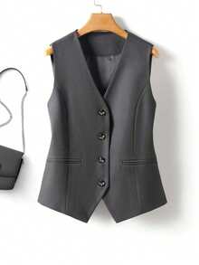 Women's V-Neck Sleeveless Tank Top With Button Design - Fashionable & Versatile, Faux Pocket, Quality Fabric - A Stylish Wardrobe Essential Summer - Dark Grey - View 1