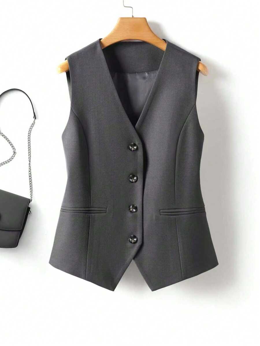 Women's V-Neck Sleeveless Tank Top With Button Design - Fashionable & Versatile, Faux Pocket, Quality Fabric - A Stylish Wardrobe Essential Summer - Dark Grey - View 1
