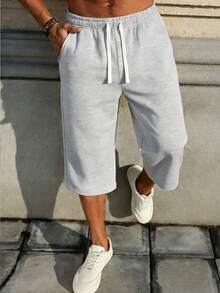 Men's Casual Loose Fit Drawstring Pants With Side Pockets, 3/4 Length, Suitable For Men's Fitness & Running, Pure Black Polyester, Versatile For All Seasons Summer - Light Grey - View 10