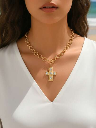 1pc Minimalist Gold Twist Chain Necklace, Fashion Vintage Rhinestone Cross Pendant Necklace, Suitable For Daily Wear, Dates, Parties And Vacations. Chain Length Can Be Customized By Cutting Links.