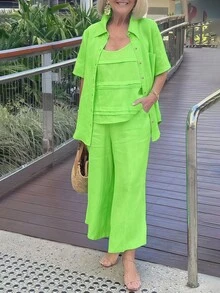 Plus Size Women's Summer Outfit, Casual Vacation Fresh Green Short Sleeve Shacket + Pleated Camisole + Wide Leg Pants Casual Suit, Ladies' Country Style Clothing Elegant - Green - View 3