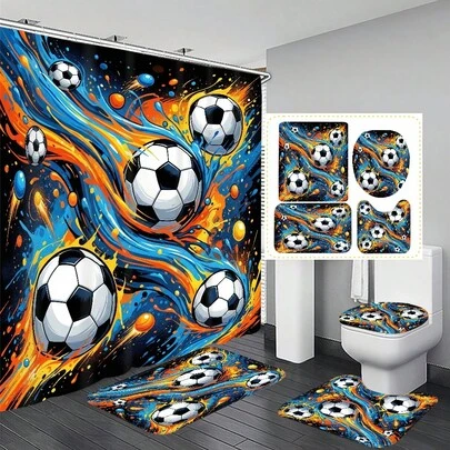 1pc/4pcs Splash Ink Graffiti Football Pattern Multifunctional Bathroom Decor Shower Curtain Set, Free 12 Hooks Included, Elegant Holiday Atmosphere, Bathroom Mat, U-Shaped Toilet Mat And Round Toilet Mat, Suitable For All Scenarios Bathroom Set