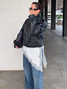 春季高领长袖复古美式街头风PU皮立领夹克，女士外出穿着 - 黑色 - 查看 8