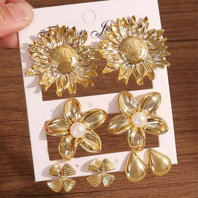 1/4对镀金向日葵五瓣花水滴几何耳环套装，女士夏季珠宝礼物，送给妈妈
