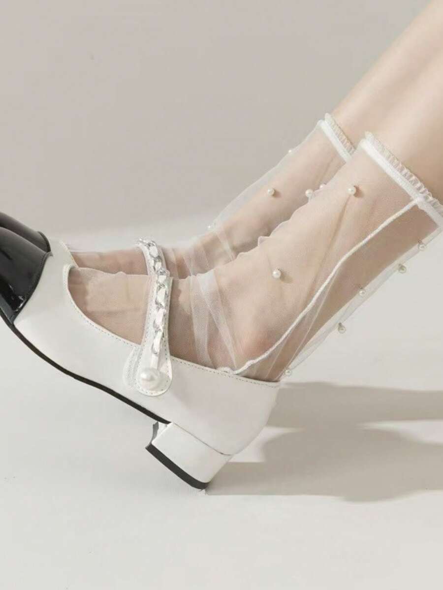 1双黑白薄款透明玻璃丝网浪漫中筒袜，适合春夏穿着 - 彩色 - 查看 1