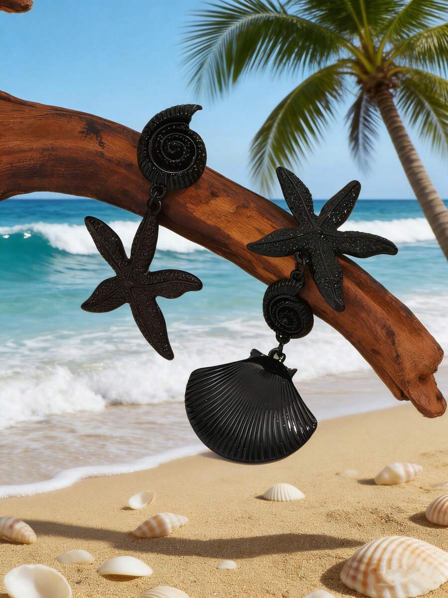 1 Pasang Anting-Anting Gaya Liburan Pantai Modis dan Serbaguna dengan Motif Kerang & Bintang Laut Asimetris dari Logam, Cocok untuk Pakaian Sehari-hari dan Aksesori Pesta