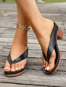 Women's Solid Color Chunky Heel Sandals, Summer - Black - View 5