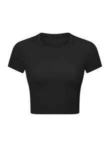 Minimalist Short-Sleeved Blouse With 'Hmm... No' Print - Crop Top And Bold Straight Cut - Suitable For Casual And Fashionable Outfits, Machine-Washable Crew Neck T-Shirt, All-Year Wardrobe Essential - Black - View 2