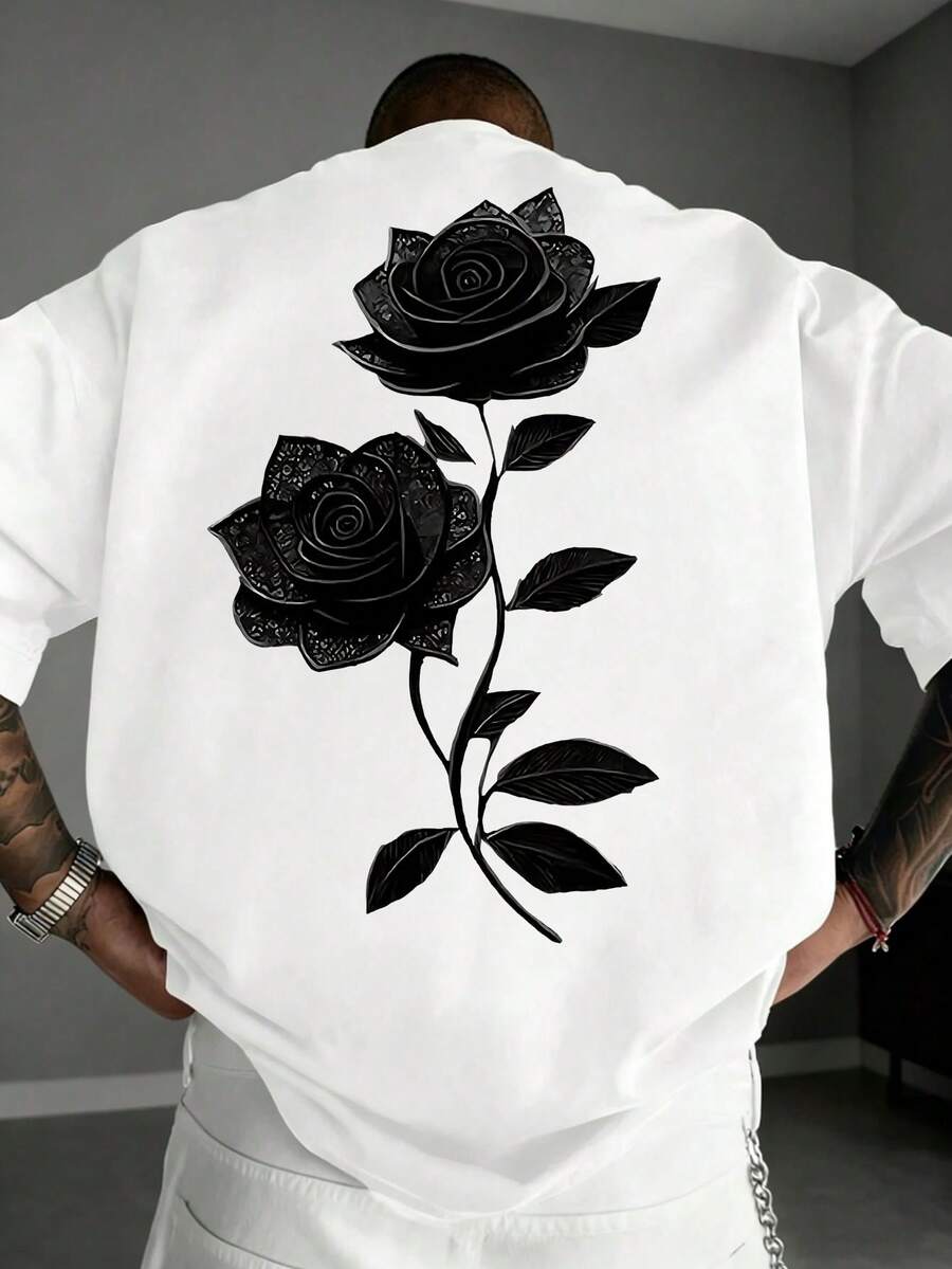 男士休闲时尚百搭玫瑰花印花圆领短袖T恤，夏季 - 白色 - 查看 1