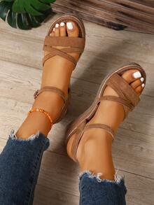 Summer New Wedge Sandals, Thick Sole Non-Slip Plus Size Women One-Strap Buckle Sandals,Beach Shoes - Brown - View 2