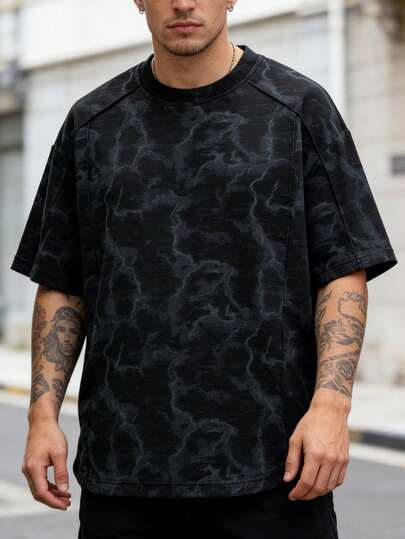 Tie-Dye Short Sleeve T-Shirt, Niche Split Line Design, Streetwear Loose Fit Tee For Men, Summer