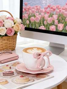 طقم فناجين شاي وصحون خزفية يدوية الصنع، بتصميم الفيونكة، ديكور أنيق للطاولة للمطعم والمقهى والمطبخ والمكتب والخارج والحفلات وشاي بعد الظهر، هدية مثالية لعيد الأم - متعدد الألوان - مشاهدة 6