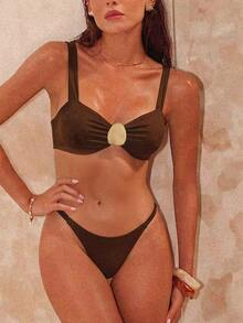 Bộ bikini 2 mảnh dành cho nữ, chất liệu vải bóng, có đệm mút, dây đeo dày và phụ kiện kim loại, thích hợp cho kỳ nghỉ hè ở bãi biển. - màu nâu - Xem 7