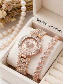 两件套玫瑰金蝴蝶女士石英表套装，包含蝴蝶表盘腕表和心形手链。全玫瑰金镶钻精钢表带和闪亮表圈，展现优雅甜美的风格，彰显女性奢华精致的品味。 - 玫瑰金 - 查看 6