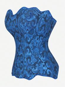 Overbust Corset Bustier, Jacquard Bust-Enhancing Top, Strapless Uplifting Design, Vintage Shapewear, Waist Cincher, Underbust Corset, Lace-Up Closure For Adjustability - Blue - View 2