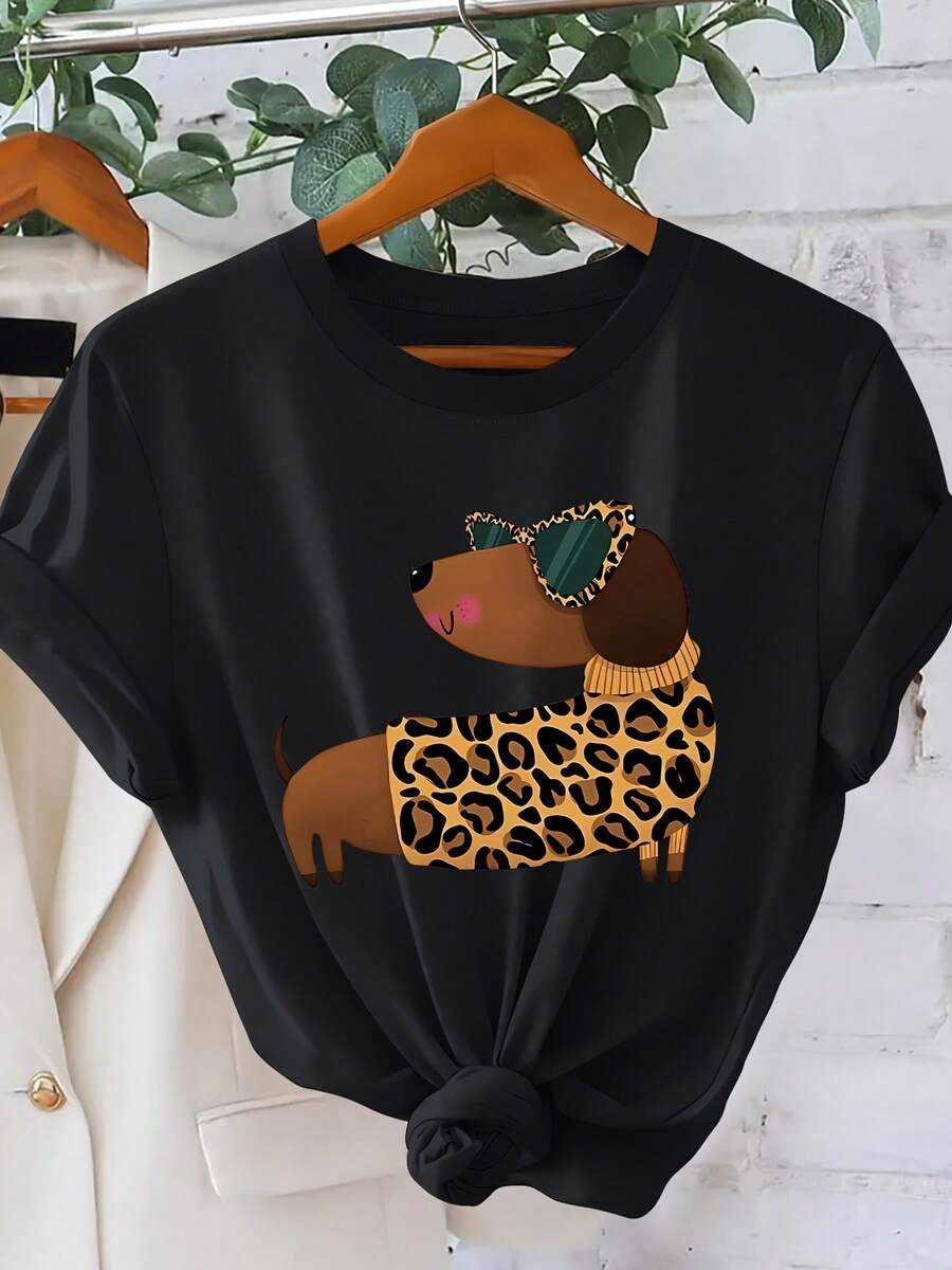2026 Summer New Leopard Print Outfit Dachshund Print Women's T-Shirt 2026 Spring Summer  Cute Pet Style Short Sleeve Casual Personality Outfit Loose S - 黑色 - 查看 1