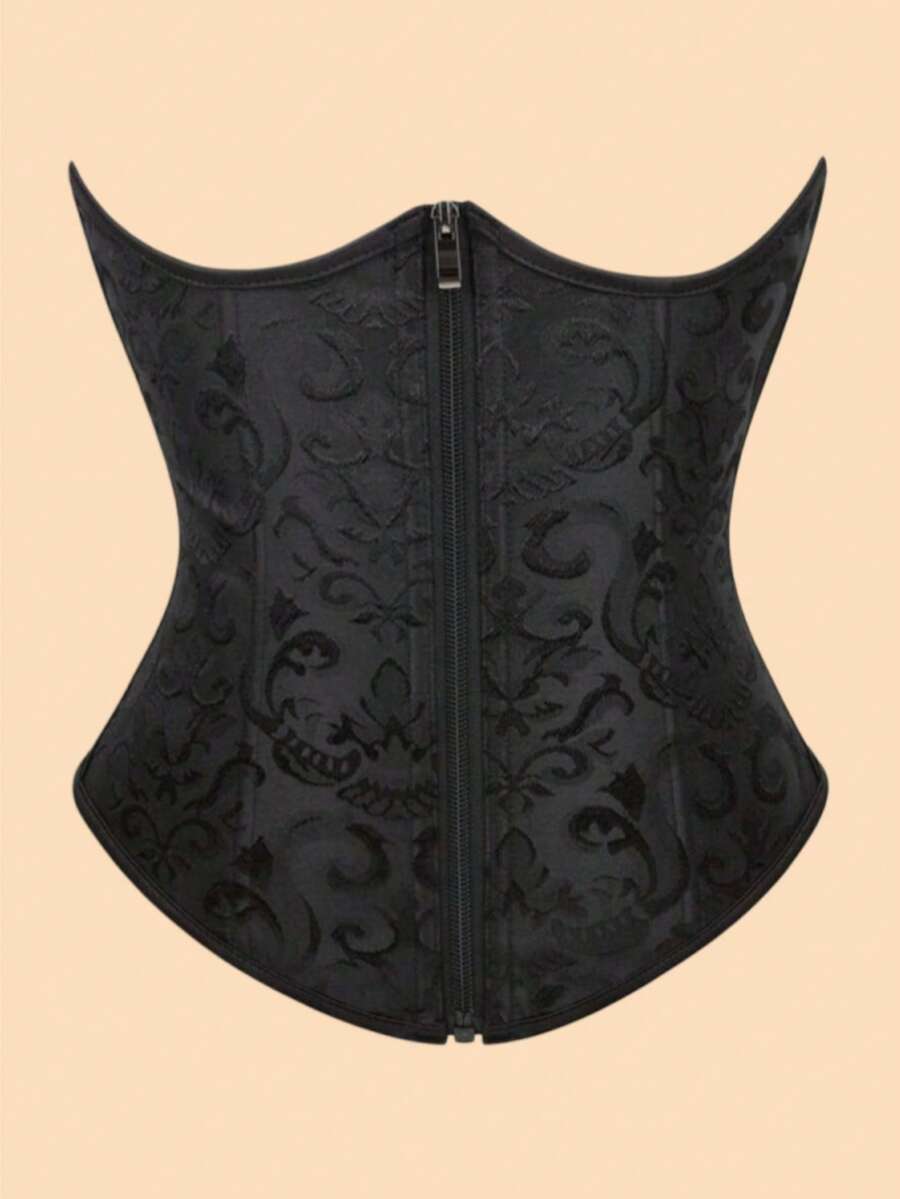 1pc Zipper Jacquard Waist Cincher, Women's Button Waist Trainer Corset, Suitable For Party Outfit - Black - View 1