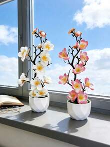 一套人造兰花盆景和人造梅花盆景，带花盆底座，适合室内/室外装饰，可摆放在窗台、阳台、玄关和茶室，无需浇水或修剪，纹理逼真，是母亲节和毕业季的理想家居装饰礼物。 - 彩色 - 查看 1