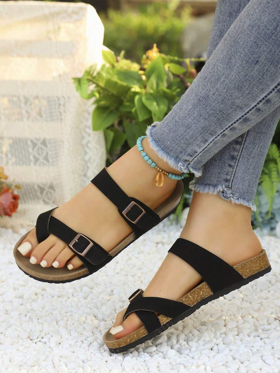European And American Teenagers' New Soft Cork Cross Strap Casual Slippers, Retro Minimalist Outdoor Casual Versatile Open Toe Indoor/Outdoor Slippers, Comfortable Fashion Daily Wear, School, Outing Sandals - Black - View 1