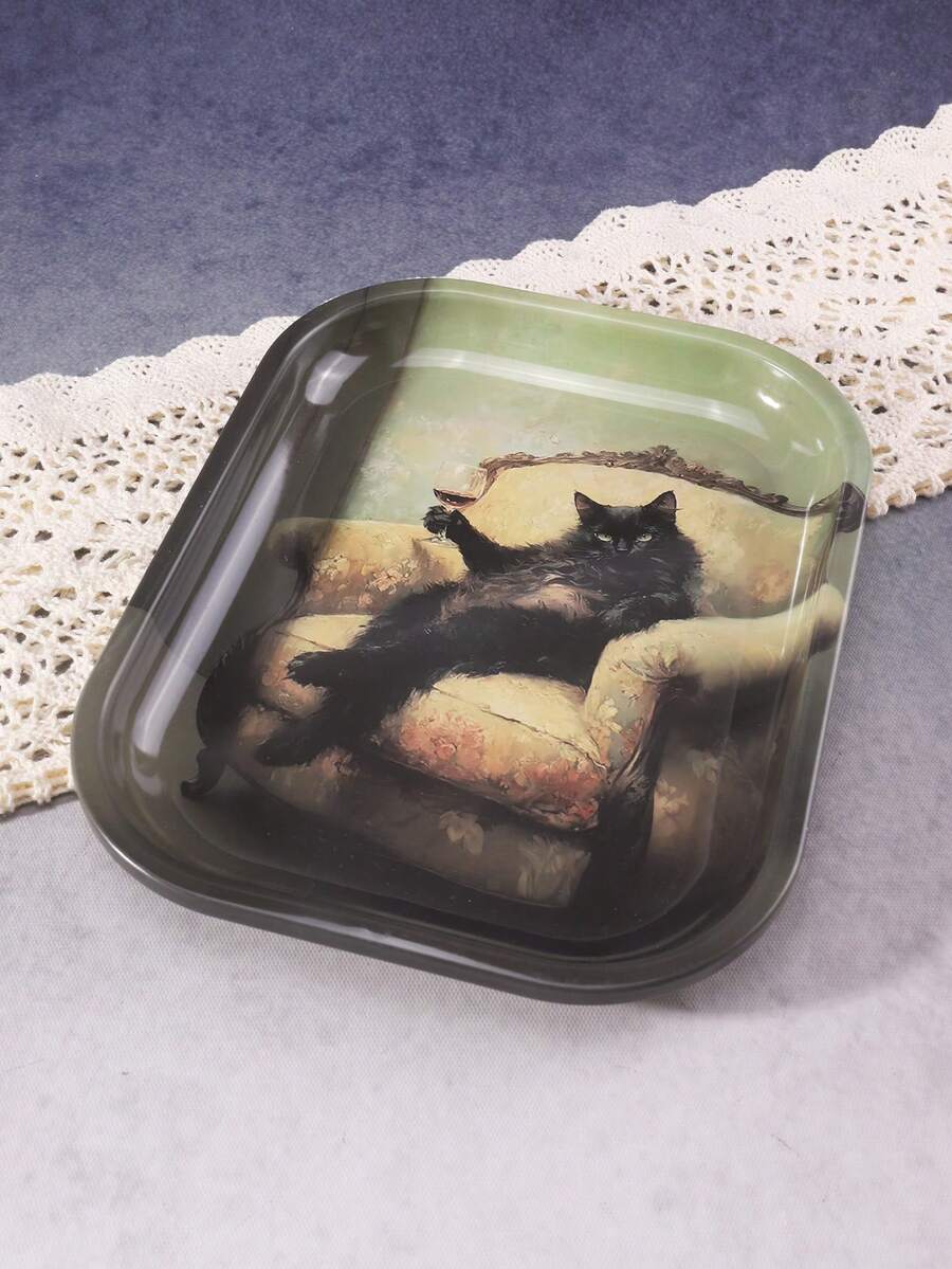 1件沙发造型，红酒色，黑猫图案卷烟托盘，绝佳的卷烟工具，理想的节日礼物 - 印花款 - 查看 1