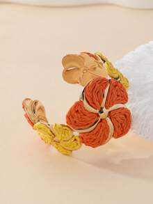 1 pieza Brazalete de flores de ratán estilo vacaciones, brazalete de flores de metal de color contrastante, accesorio de nicho para vacaciones en la playa, fiesta de verano, reunión con amigos, uso diario, estilo retro - Naranja - Ver 2