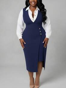 NOU 通勤修身中长款职业连衣裙，优雅纯色面料，撞色开衩下摆，优雅的仿两件式衬衫中长连衣裙，适合度假、婚礼、办公室、日常、工作场所、下午茶、商务会议、女士生日、春秋季等场合。 - 寶藍色 - 查看 3