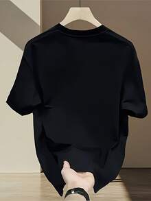 Camiseta de Manga Corta Estampada de Marca de Moda para Hombres en Verano, Algodón Puro Pesado, Estilo Coreano y Japonés, Tops Versátiles para Hombres - Negro - Ver 2
