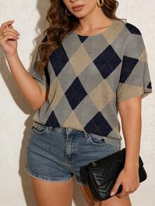 ASHKATIA Plus Size Women Blouse, Contrast Color Rhombus Pattern, Soft & Breathable Fabric, Casual Style Spring - Multicolor - View 11