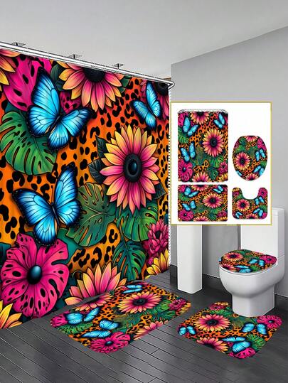 Bộ phụ kiện phòng tắm họa tiết da báo, bướm và hoa hướng dương (1/3/4 món), trang trí nhà cửa, rèm phòng tắm, bộ rèm tắm, bộ đồ dùng phòng tắm hoàn chỉnh, bao gồm rèm tắm và thảm trải sàn. Có nhiều kích thước rèm tắm (72in*72in, 35.4in*72in, 47.2in*72in, 59in*72in) và bộ sản phẩm phối hợp khác nhau.