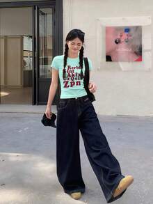 Red Letter Print Short Sleeve T-Shirt For Women, Summer Sexy Slim Fit Cropped Design Top Casual - Mint Green - View 4