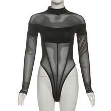 YeonC Sheer Mesh Long Sleeve Sexy See-Through Fitted Bodysuit - Black - View 13