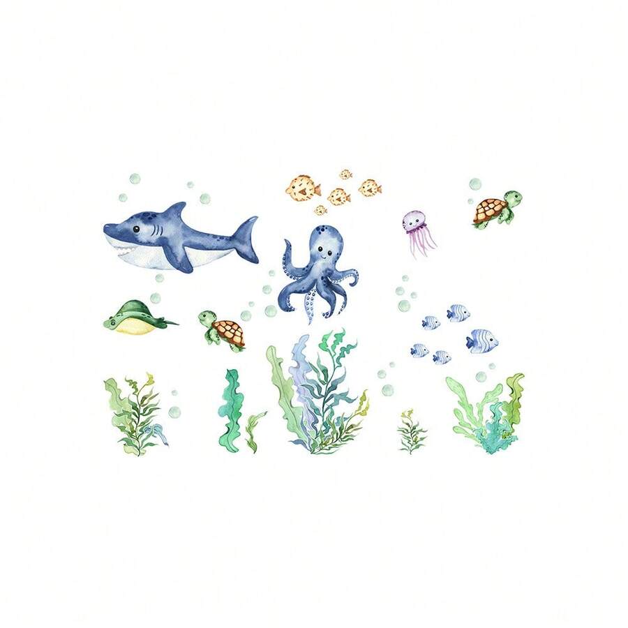 Watercolor Underwater Animal Anti-Slip Bathroom Stickers, Cute Ocean Creature Design, Fresh And Healing Pattern, Waterproof And Scratch-Resistant Material Suitable For Humid Environment, Not Easy To Fall Off. Anti-Slip Texture Increases Friction, Effectively Prevents Bathing Slips, Self-Adhesive Easy Installation, Can Be Attached To Bathtub And Tile Surfaces, Combining Decoration And Practical Functions, Ideal Choice For Children's Bathroom And Home Bathroom - A-sP-b044 - View 1