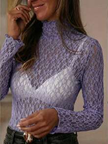 Women's Solid Color Lace Long Sleeve Fitted Fashionable Top - Mauve Purple - View 3