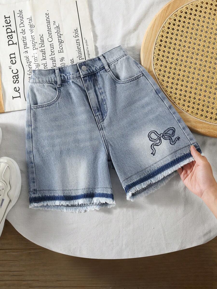 1件装 女童休闲流苏蝴蝶结装饰牛仔短裤，街头户外服饰，夏季 - 淺色水洗藍 - 查看 1