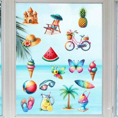 2 hojas de pegatinas de ventana de verano - Pegatinas de decoración de ventana con tema de verano, sillas de piscina, sombreros de playa, tablas de surf para suministros de fiesta de piscina, decoración del hogar, escuela, oficina y escaparate