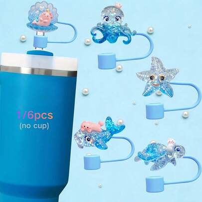 5个装硅胶海洋生物吸管套，可重复使用，0.4英寸吸管头，可爱便携吸管套，易于清洗，杯子装饰配件，理想的派对礼品