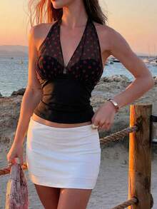 Women's Black Y2K Polka Dot Halter Top Deep V Sleeveless Backless Tie Neck Fitted Cami Sexy Summer Tropical Causal Party Club Vacation Going Out Date - Multicolor - View 6