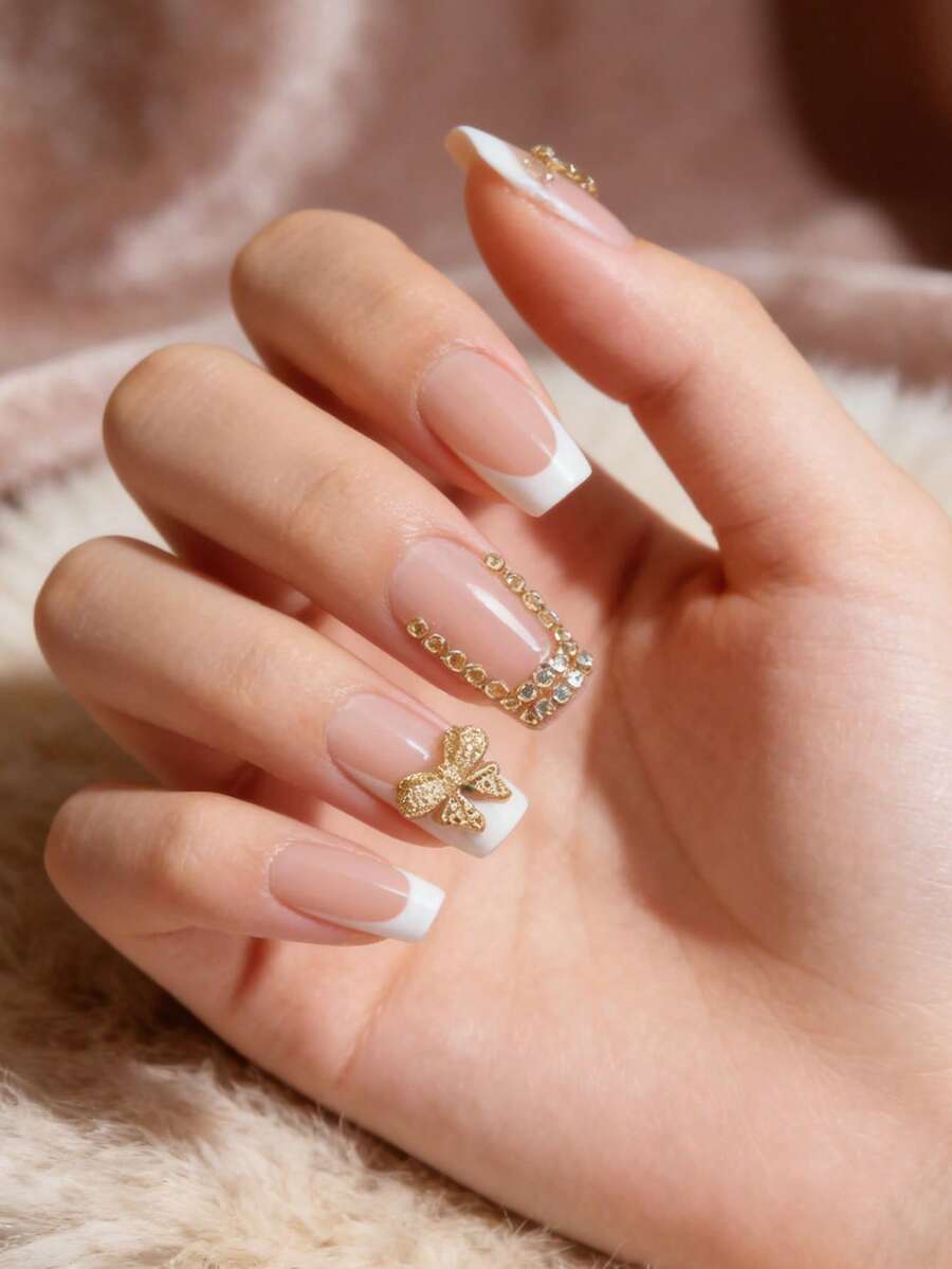24pcs French Medium Length Square Wearable Nails, Gold Bow Rhinestone Design Press-On Reusable Fake Nails (Includes 1pc Jelly Gel And Nail File) - Multicolor - View 1