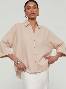 Women's Casual Loose Fit Turndown Collar Blouse, Spring/Summer - Light Khaki - View 2