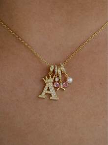 1pc Sweet Y2k Fashion Versatile Retro Chic Versatile Cubic Zirconia Crown Initial Letter A & Kawaii Pink Bow Pendant Gold Stainless Steel Necklace Jewelry Accessories Women's Personalized Summer Beach Party Decoration Exquisite Birthday Gift - Yellow Gold - View 2