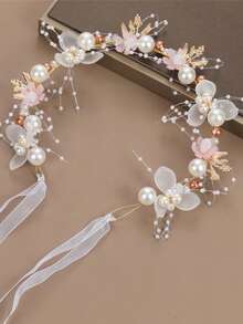1 pieza Diadema de mujer con flores, decoración de perlas falsas y estrellas, banda de pelo de tela adecuada para bodas, verano, vacaciones, viajes, accesorios de novia, coronas, tiaras, tocados - Blanco - Ver 2