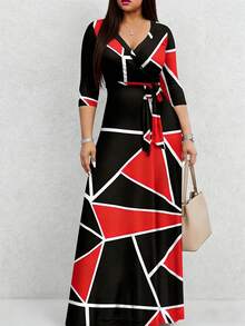 Summer Dress, Short Sleeve Knit, Stretchy, Waist Tie, Deep V-Neck, Maxi Length, Elegant Patchwork Dress Vacation Black Spring - Black - View 4