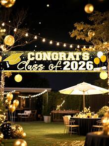 1件2026毕业季装饰横幅，涤纶材质，可悬挂，可用作2026毕业季背景横幅、毕业帽横幅、黑金毕业祝贺标语横幅、“我们为你骄傲”悬挂旗帜、毕业庆祝背景横幅、毕业派对用品、毕业家居装饰、毕业庆祝装饰、室内外庭院悬挂横幅、毕业礼物、派对礼品 - 黑白金 - 查看 9