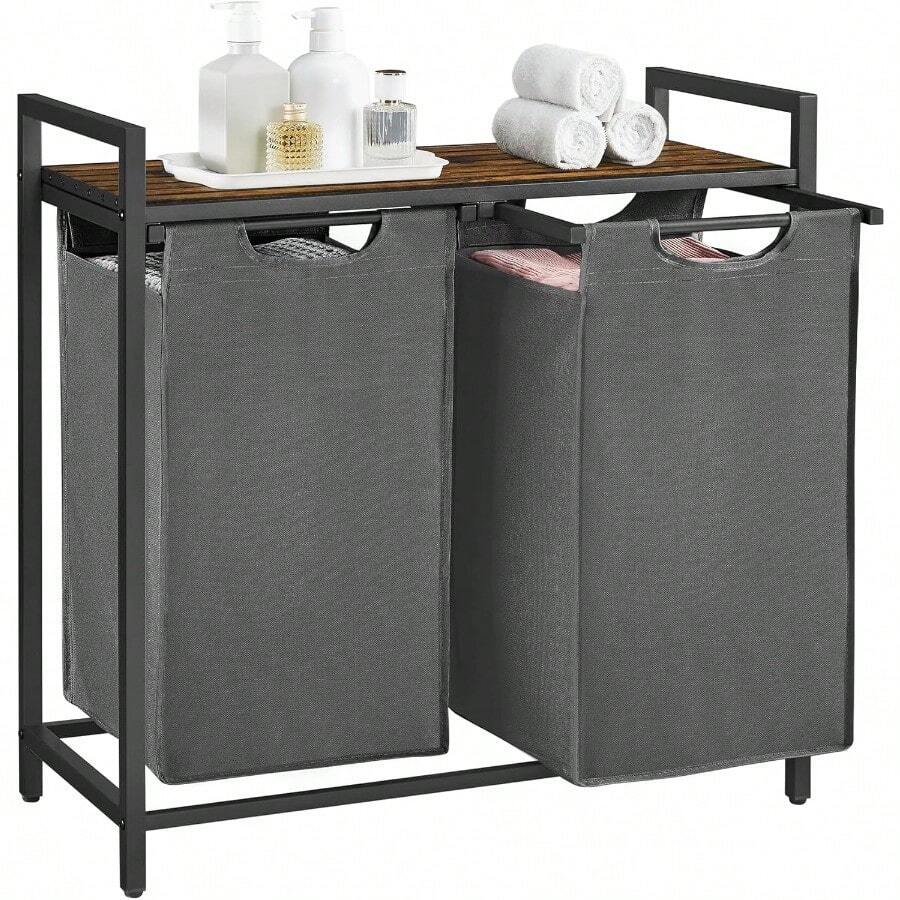 Dirty Clothes Basket, Compartment Design. Detachable Cloth Bag, - Rustic Brown and Grey - View 1