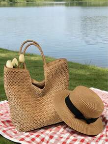 Bộ 1/2 món gồm túi đeo vai bằng rơm dệt dành cho nữ + mũ chống nắng thời trang, hoặc có thể mua riêng mũ đi biển/túi đi biển đa năng, túi xách cỡ lớn, túi đeo vai dệt kiểu dáng thường ngày, túi đi biển du lịch, bộ túi đi biển kèm mũ chống nắng. - Nhiều màu - Xem 16