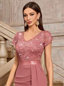 MIUSOL Đầm cocktail thanh lịch với tay phồng, xếp ly, xẻ cao, đính sequin và ren, thích hợp cho phụ nữ dự đám cưới, lễ tốt nghiệp, tiệc tùng và các dịp bán trang trọng khác. Thích hợp cho mùa xuân. - Bụi hồng - Xem 10